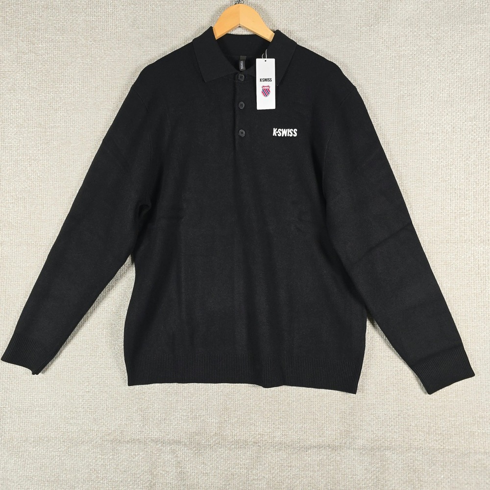 K-Swiss Mens Long Sleeve Polo Sweater Black Knit Logo 1013160-001-L Size L‎ NWT